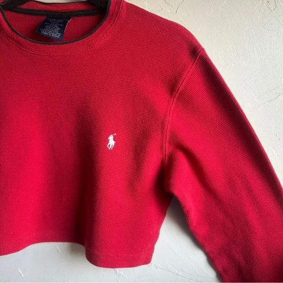 Polo Ralph Lauren Red Waffle Knit Crop Top Preppy Y2K Baby Tee Thermal Sz S - Picture 4 of 10